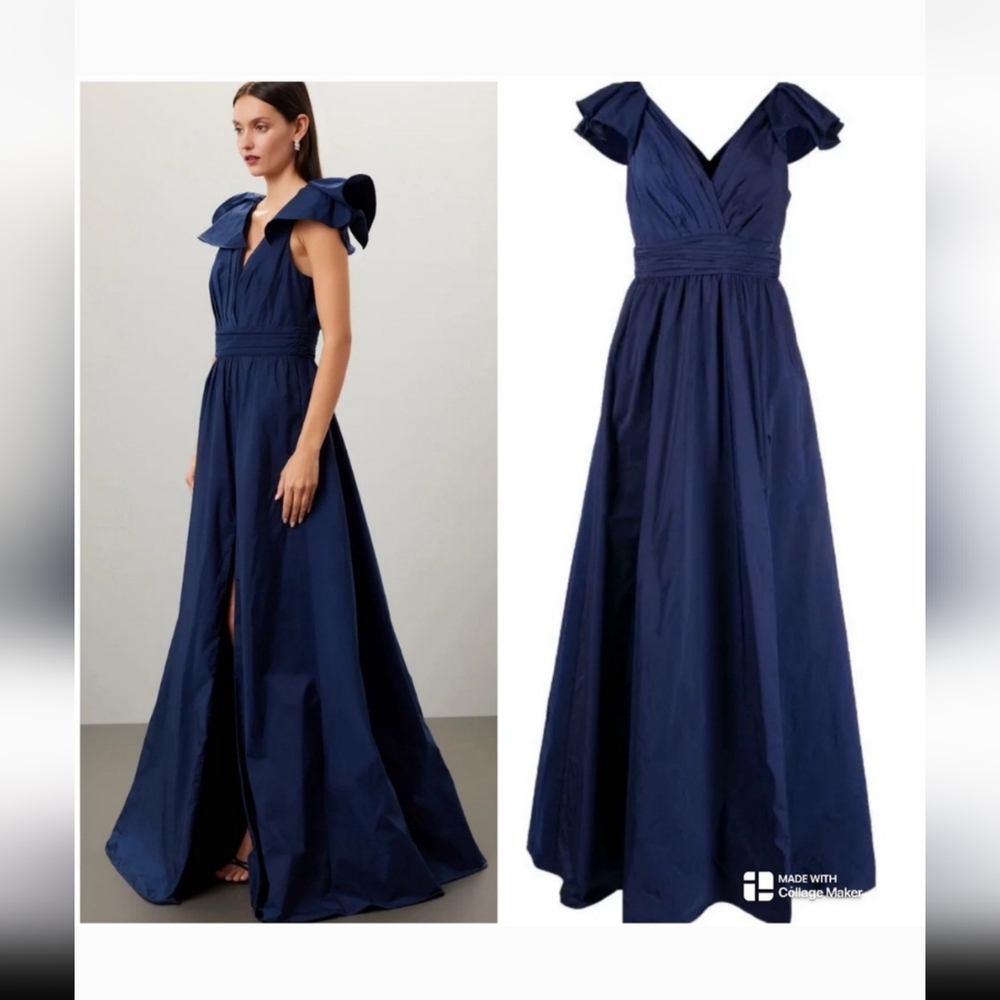 Marchesa Notte ruffled-detail taffeta navy blue ball gown dress